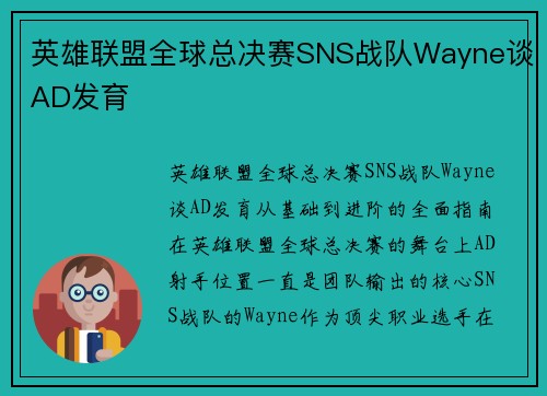 英雄联盟全球总决赛SNS战队Wayne谈AD发育
