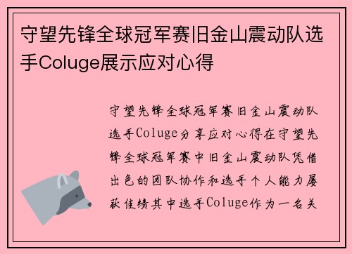 守望先锋全球冠军赛旧金山震动队选手Coluge展示应对心得